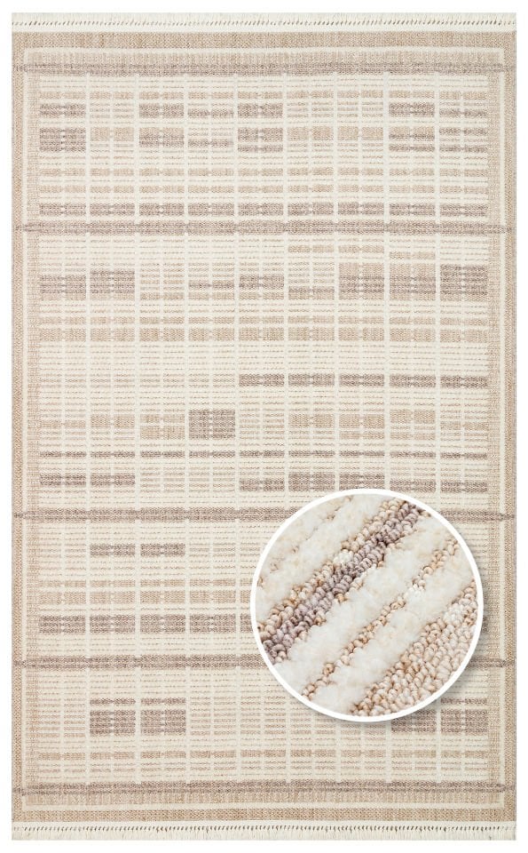 JOY JOY 04 BEIGE GREY Hav Toz Vermeyen Yumuşak Dokulu Etnik Desenlere Sahip Modern Halı